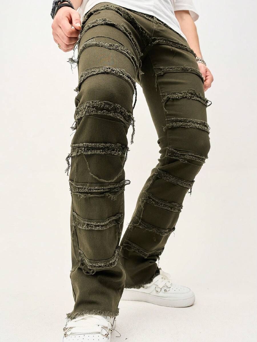 Manfinity EMRG Men's Solid Color Frayed Edge Pocket Skinny Jeans