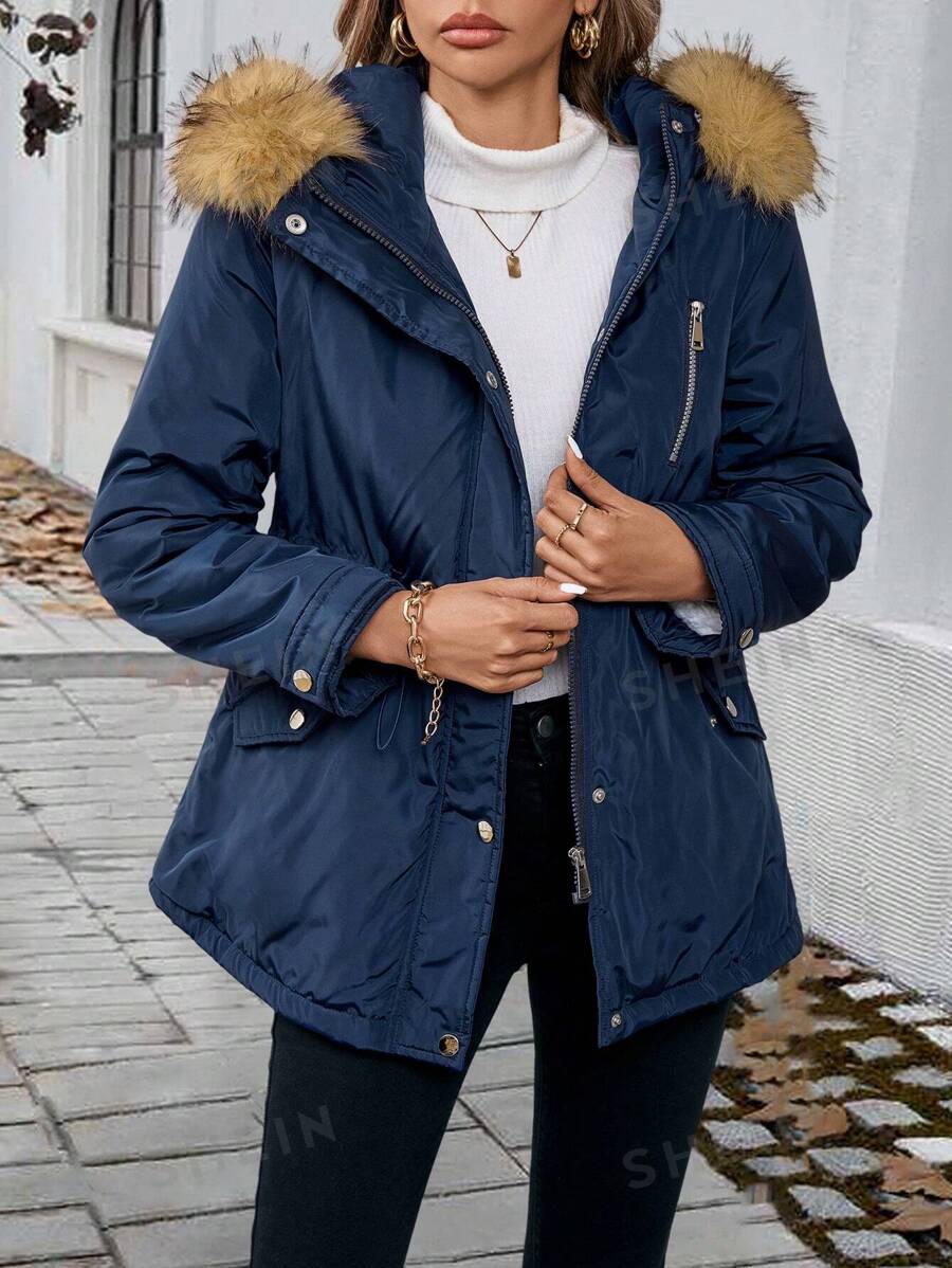 Calvaya Abrigo con capucha acolchado casual para mujer con cremallera y cuello esponjoso, ropa de invierno