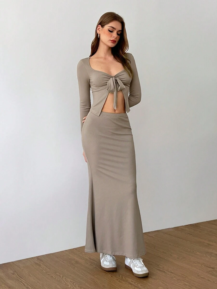 Flirla Autumn Women Versatile Tie-Up Fishtail Dress Suit