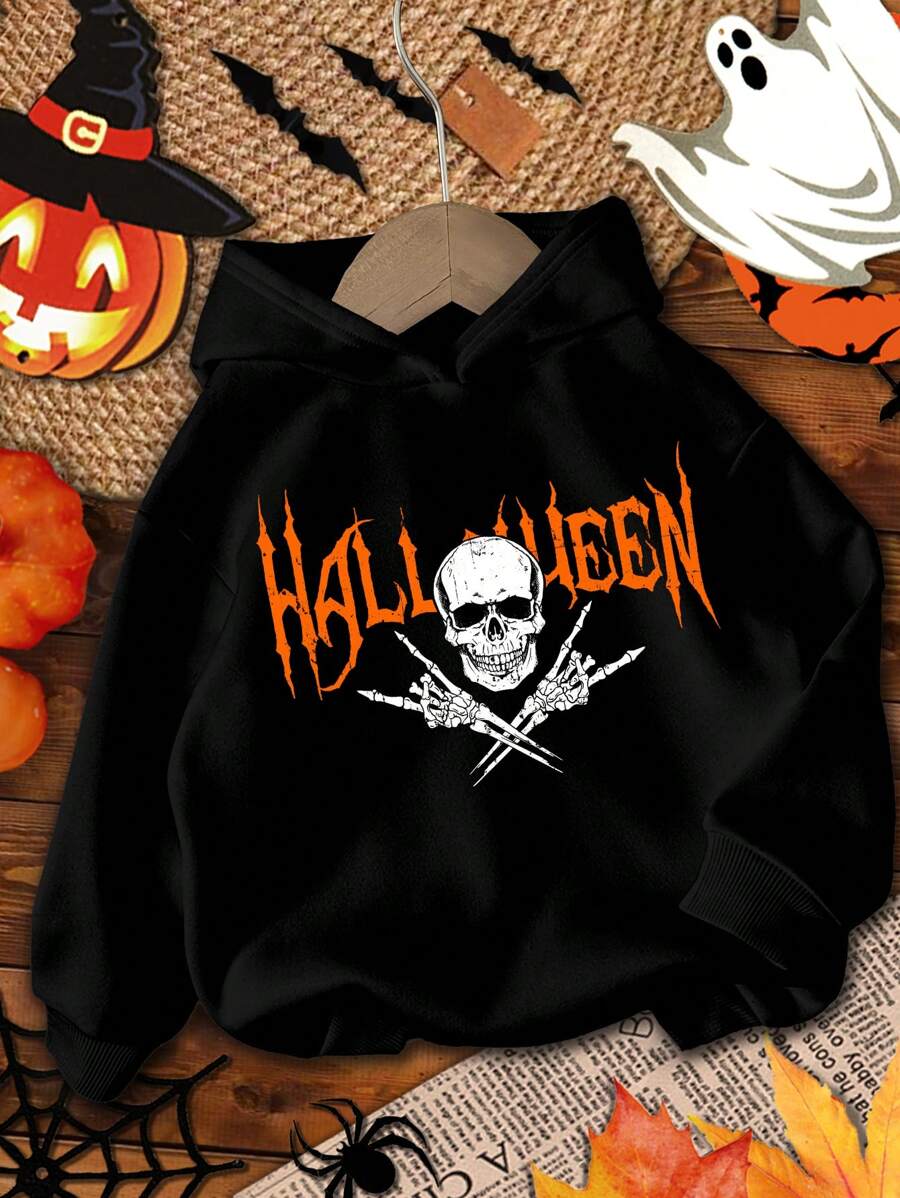 SHEIN Sudadera holgada con capucha de manga larga, con estampado minimalista de calavera de dibujos animados para niño preadolescente, adecuada para otoño e invierno