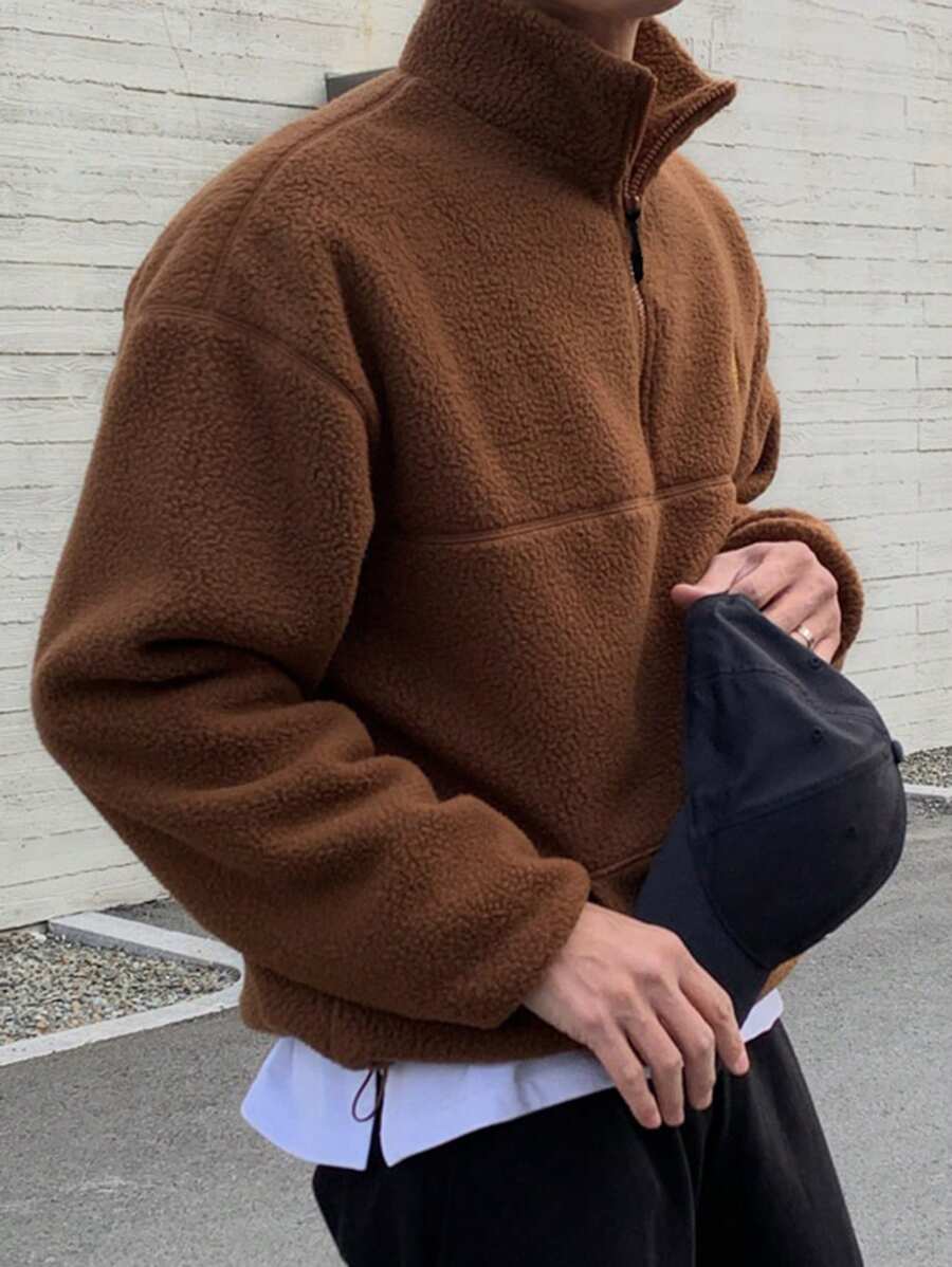 DAZY Sudadera con capucha de manga larga mullida con cremallera y parche de unicolor para hombre, otoño e invierno