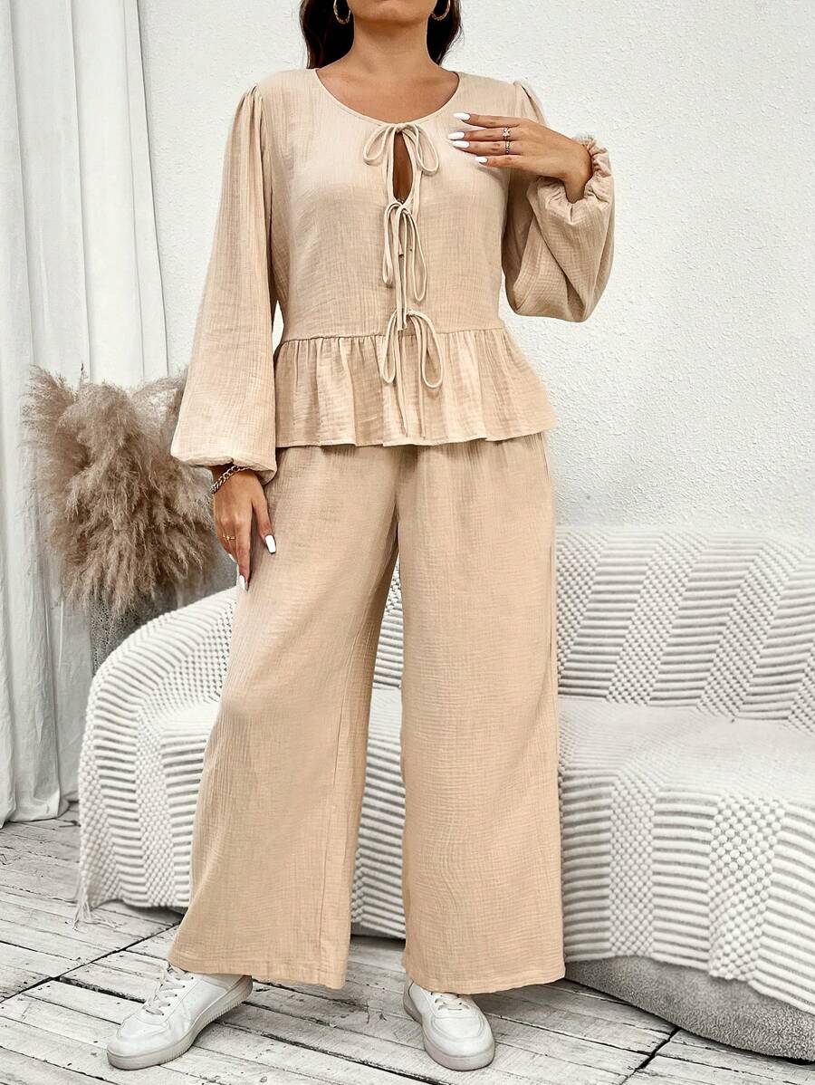 SHEIN Essnce 2pcs Women Plus Size Bowknot Front Cardigan Top And Casual Wide Leg Pants Set