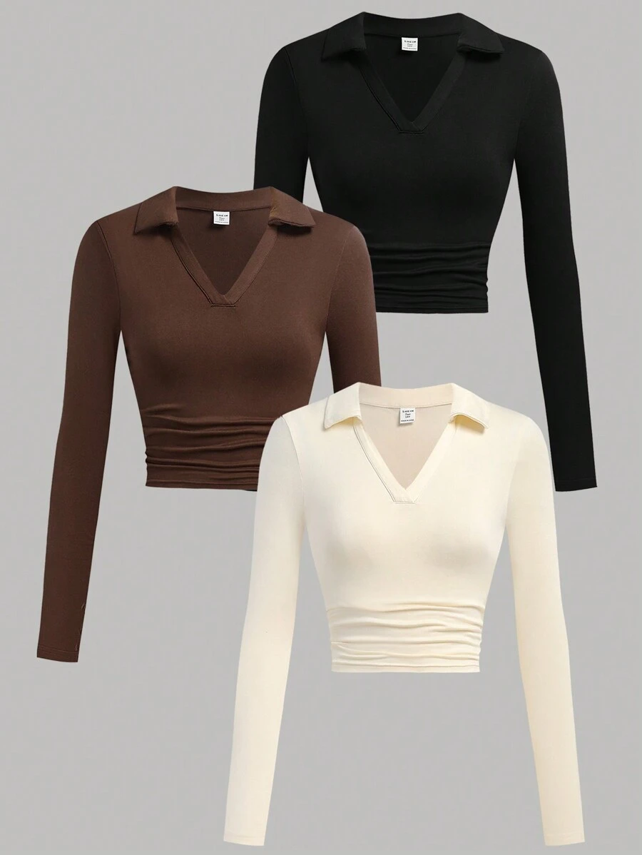 SHEIN Girlism Teen Girl 3 Piece Set Apricot, Brown, Black Crew Neck Ruched Waist Fitted Casual School Style Knit T-Shirts, Fall Top