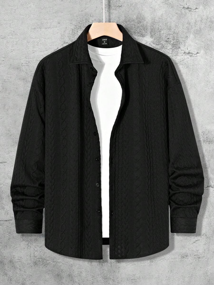 Manfinity Homme Men's Casual Solid Color Textured Shacket For Spring/Autumn