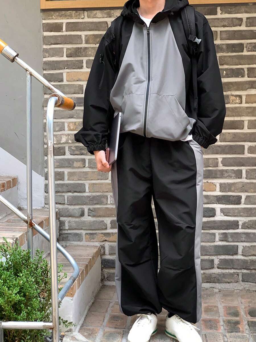 DAZY Men Solid Color Splicing Front Zipper Hoodie Jacket And Pants Casual Suit