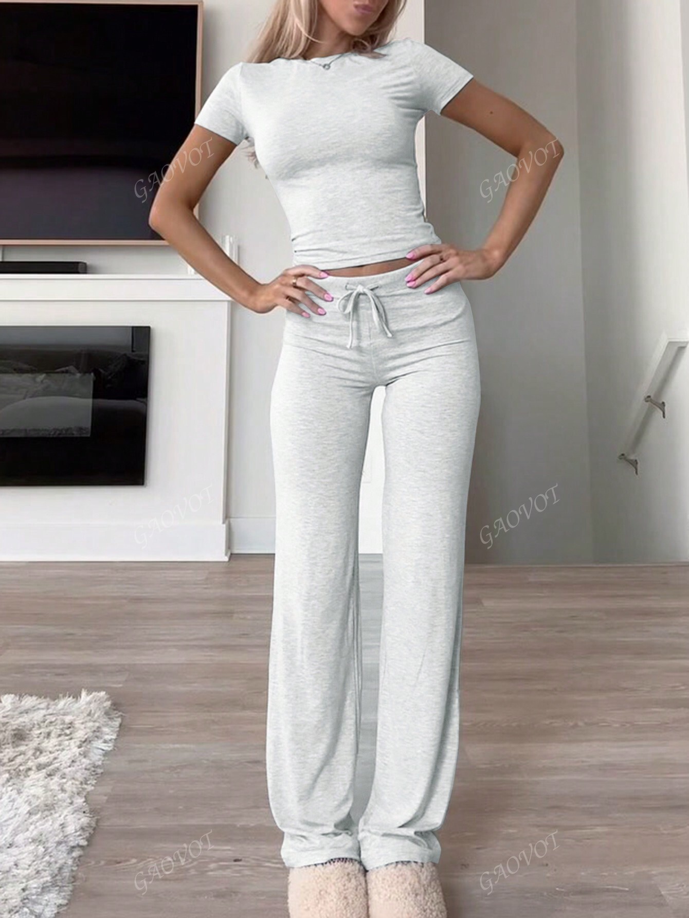 Femeii două piese toamna Y2K sport casual zilnic culoare solidă tricou cu mânecă scurtă guler rotund Slim drept picior pantaloni lungi set