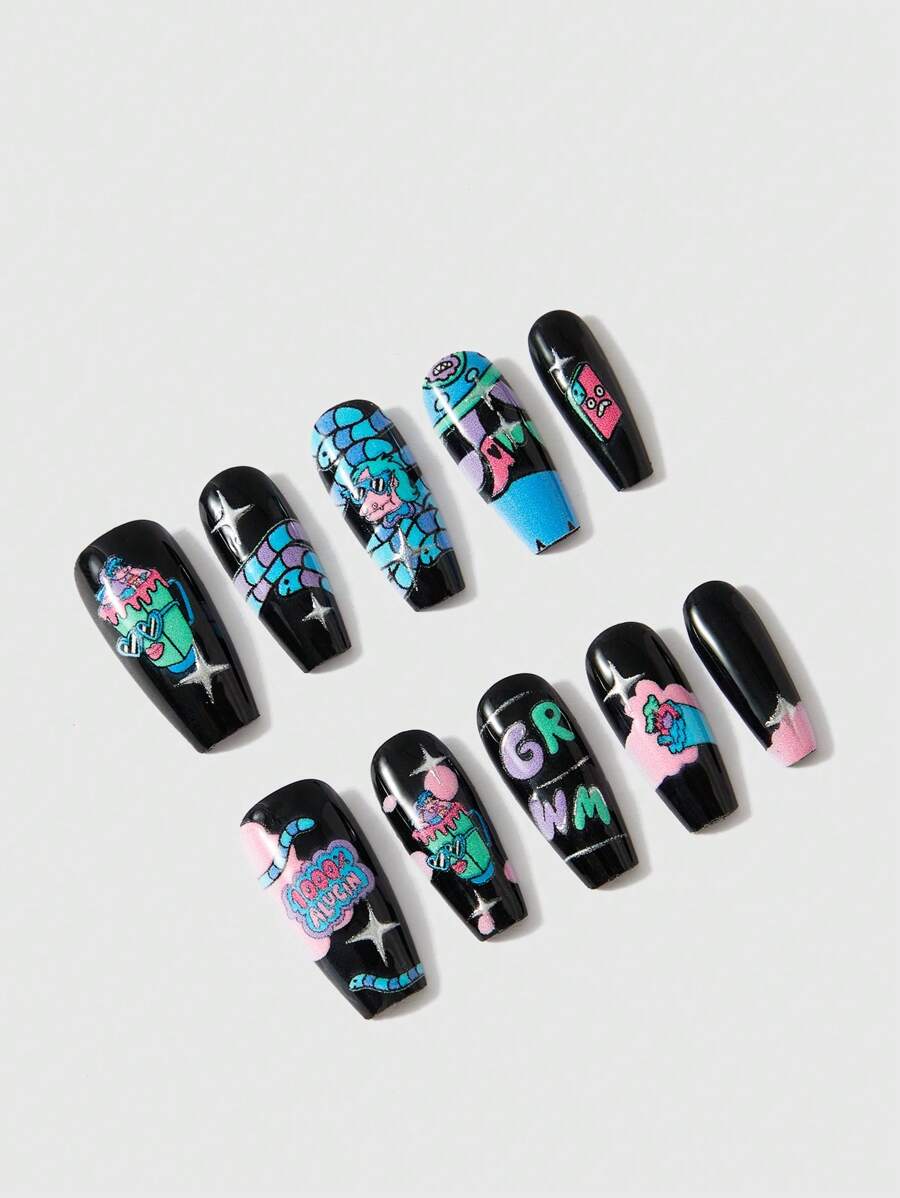 Andonella 10 piezas/set de Puntas de uñas postizas con estrellas negras y plateadas pintadas a mano por artistas, con estilo europeo y americano INS, viene con pegamento de gelatina para fiestas y el Día de San Valentín