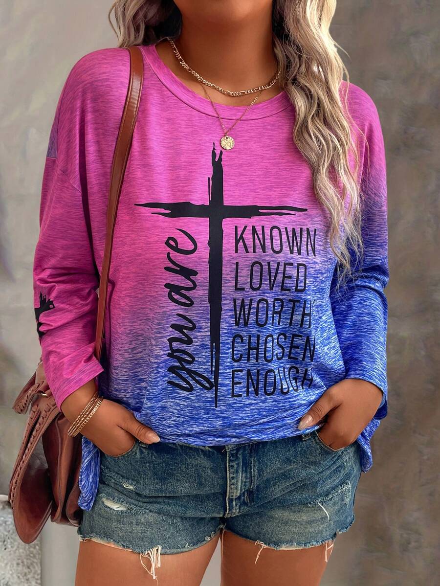Plus Size Ronde Hals Lange Mouw Ombre Letter Print T-shirt, Casual Dagelijkse Kleding Grafische T-shirts Dames Tops Voor Lente Outfit