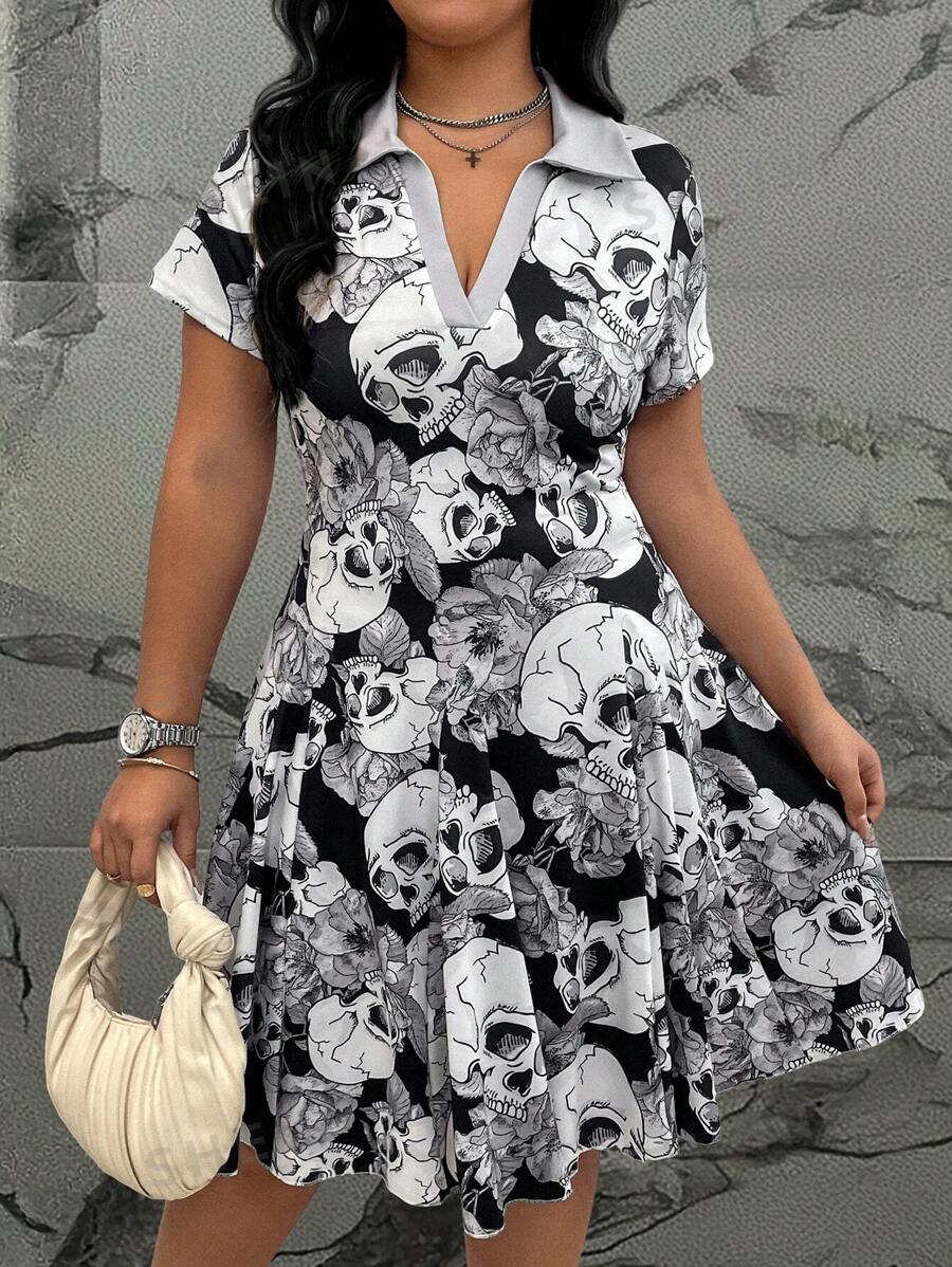 Calvaya Vestido casual de manga corta, cuello de polo a rayas, talla grande