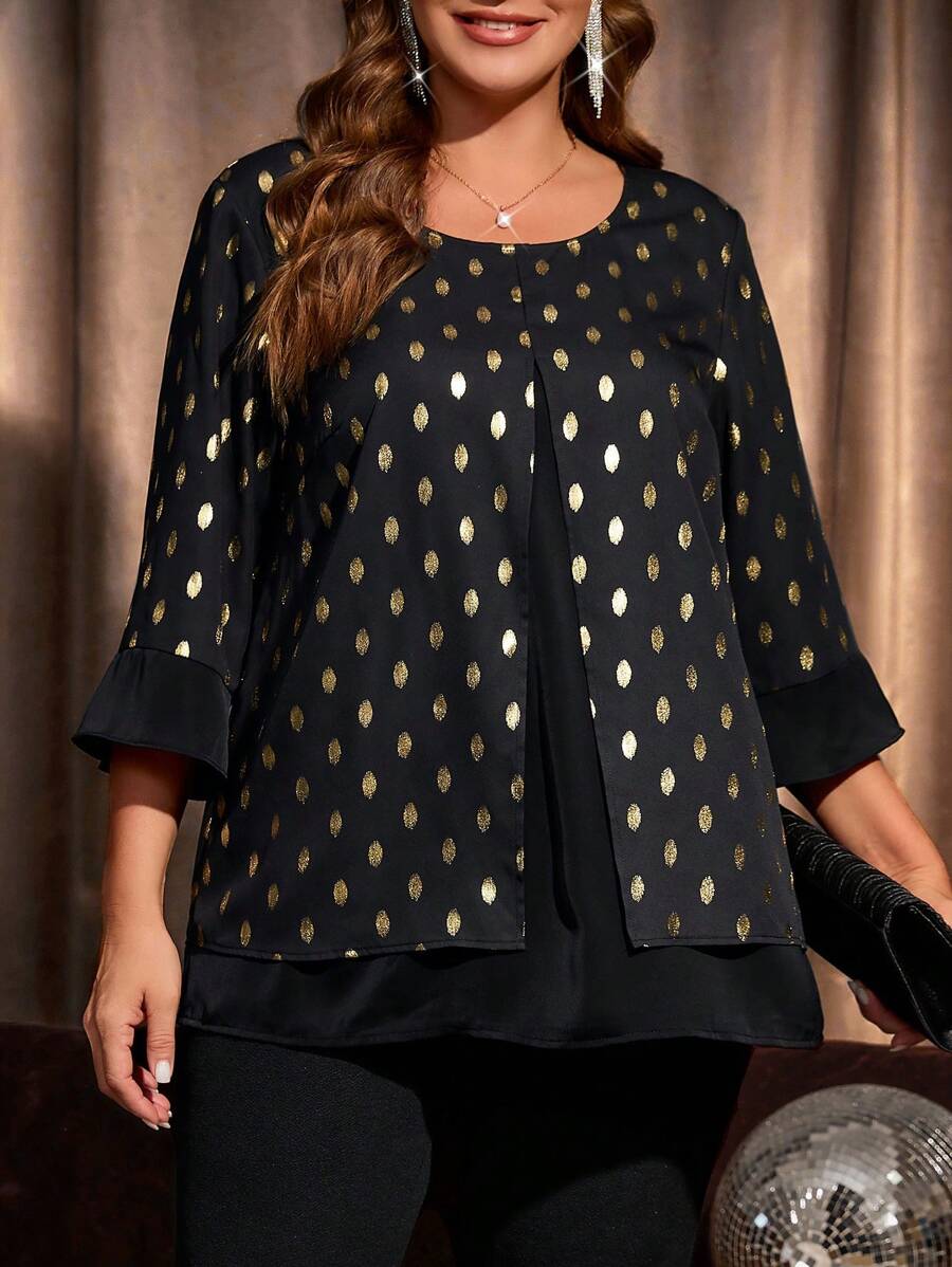 EMERY ROSE Plus Size Polka Dot Print Casual Long Sleeve Round Neck Blouse,Fall Women Clothes
