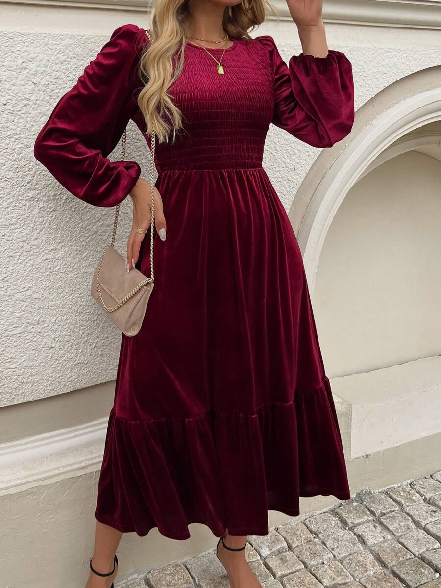 Calvaya Vestido de línea A con mangas abullonadas y definición de cintura en color rojo vino para mujer, ropa de Año Nuevo, vestido largo para conjunto de mujer