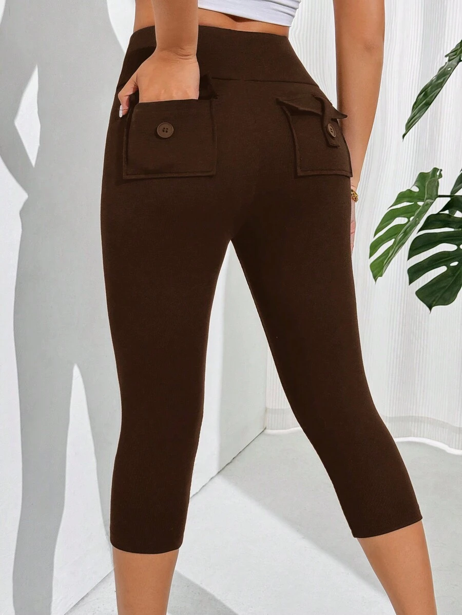 SHEIN Essnce Women's Solid Color Pocket 3/4 Casual Leggings