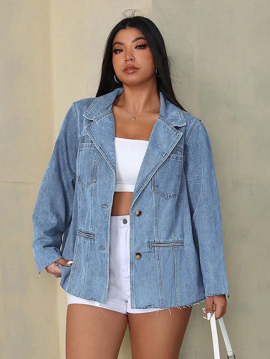 SHEIN EZwear Plus Size Casual Denim Collar Jacket, Spring Autumn