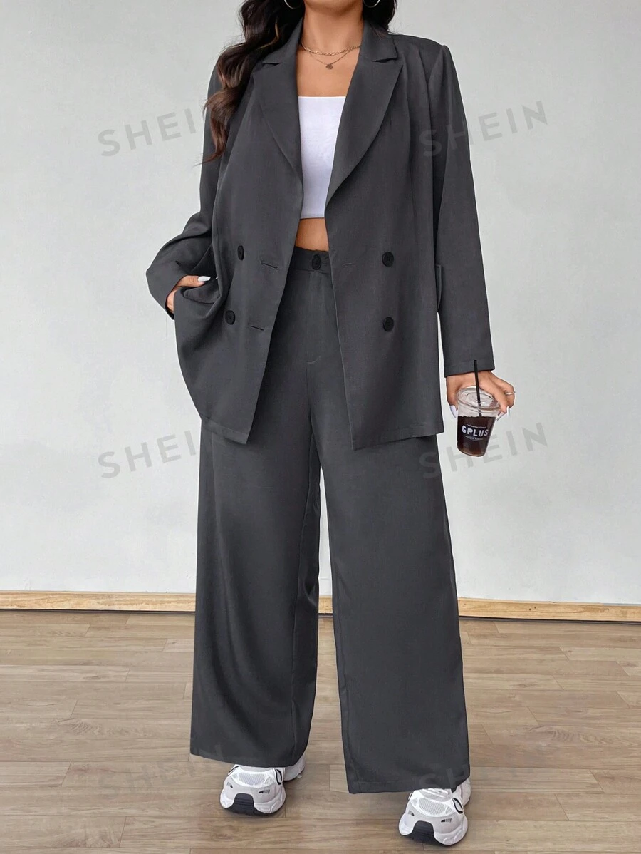 Rustia Conjunto de chaqueta y pantalón de traje de unicolor con doble botonadura para tallas grandes