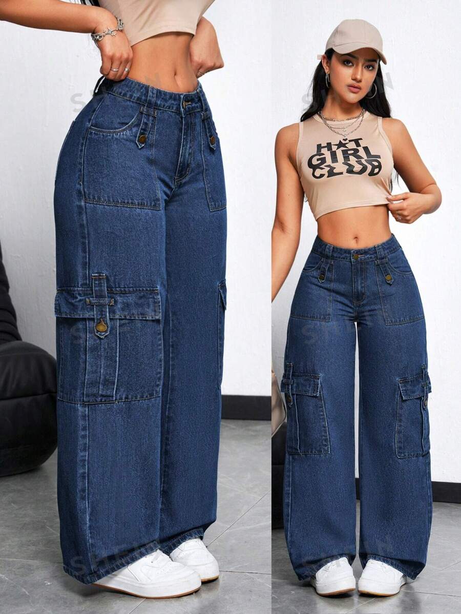 SHEIN EZwear Jeans rectos casuales sueltos de unicolor con bolsillos para mujer