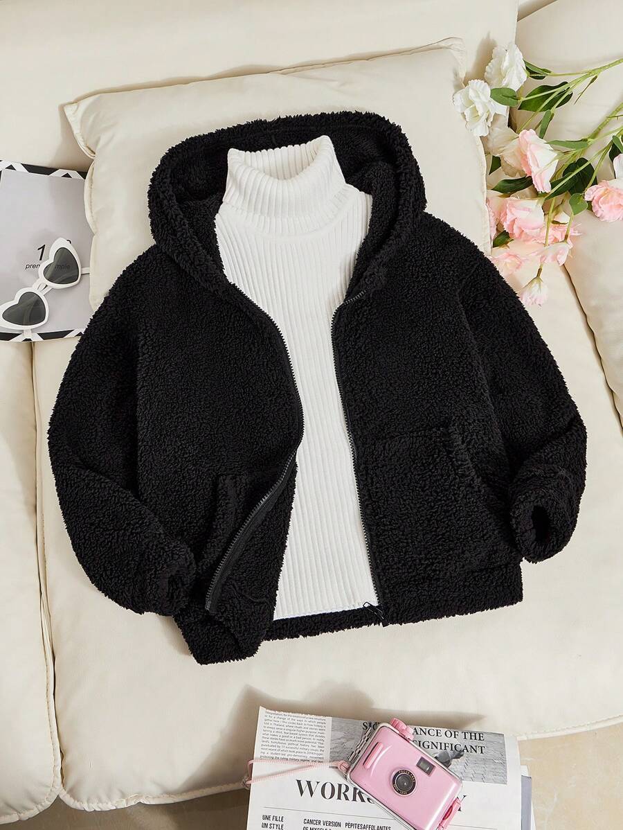 Chaqueta con capucha de manga larga con cremallera frontal de unicolor para niñas preadolescentes, uso casual diario