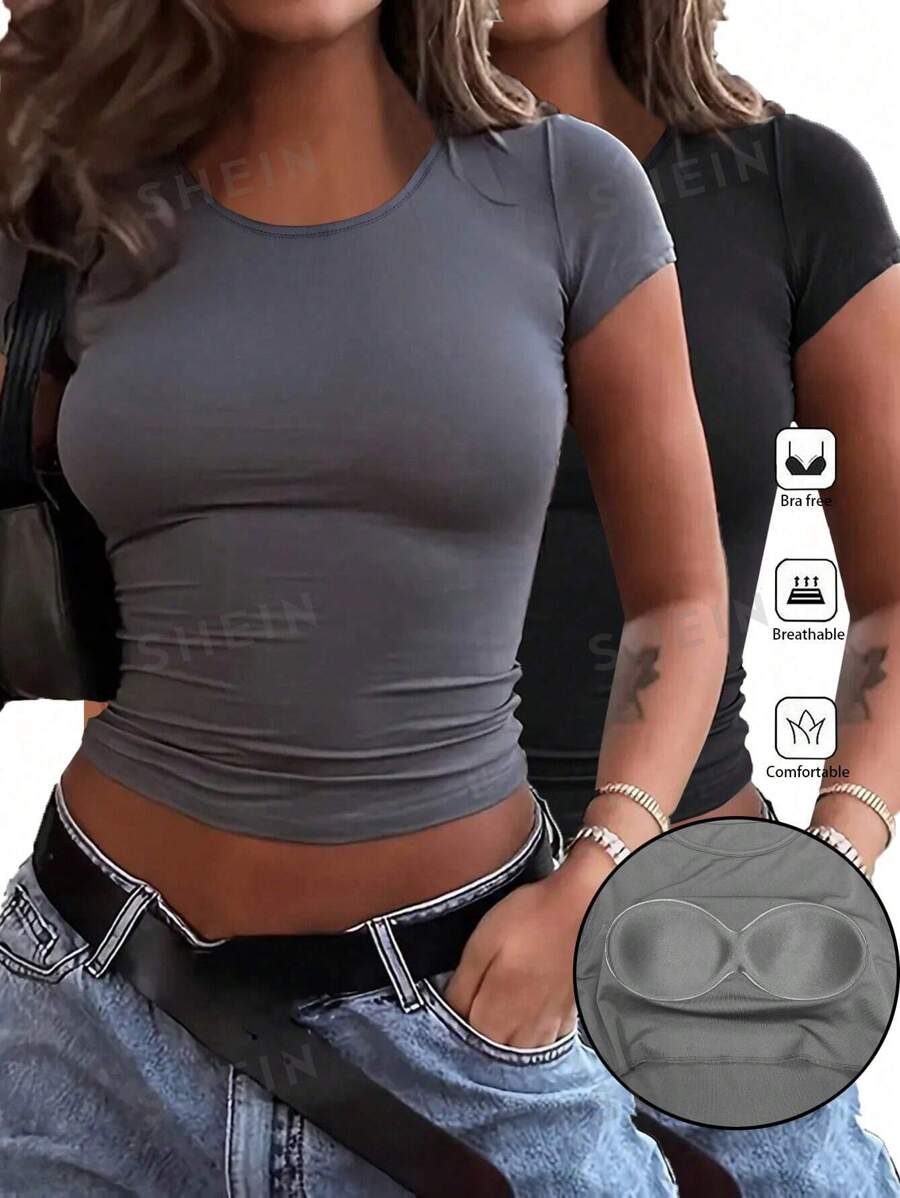 SHEIN LUNE Camiseta casual de manga corta, cuello redondo y ajustada de unicolor para mujer en verano