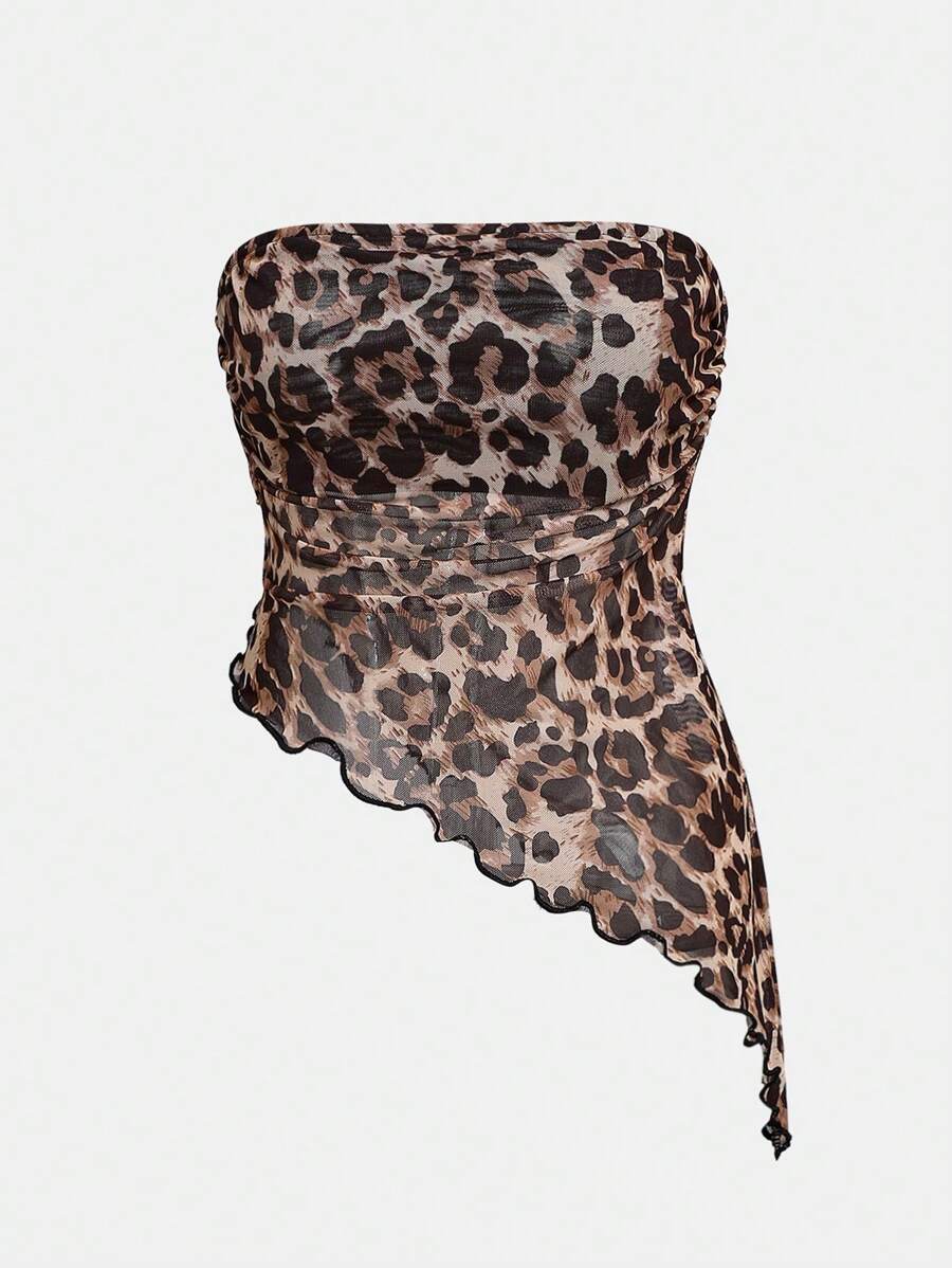 SHEIN Girlism Teen Girls Knitted Mesh Leopard Print Asymmetric Hem Camisole Tank Top