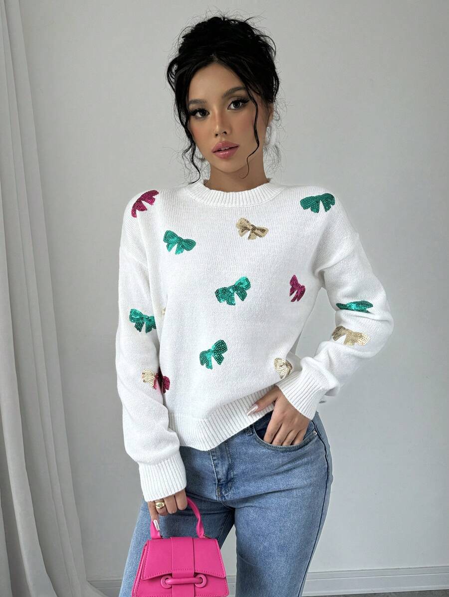 Chiquease Women's Crew Neck Long Sleeve Casual Pullover Sweater With Bow Pattern