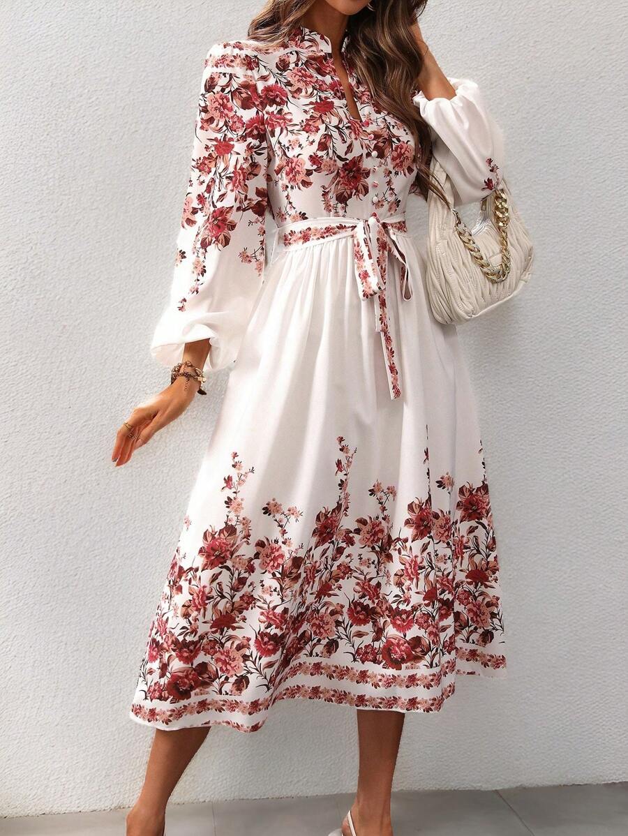 SHEIN Clasi Casual V-Neck Waist Tie Floral Print Dress