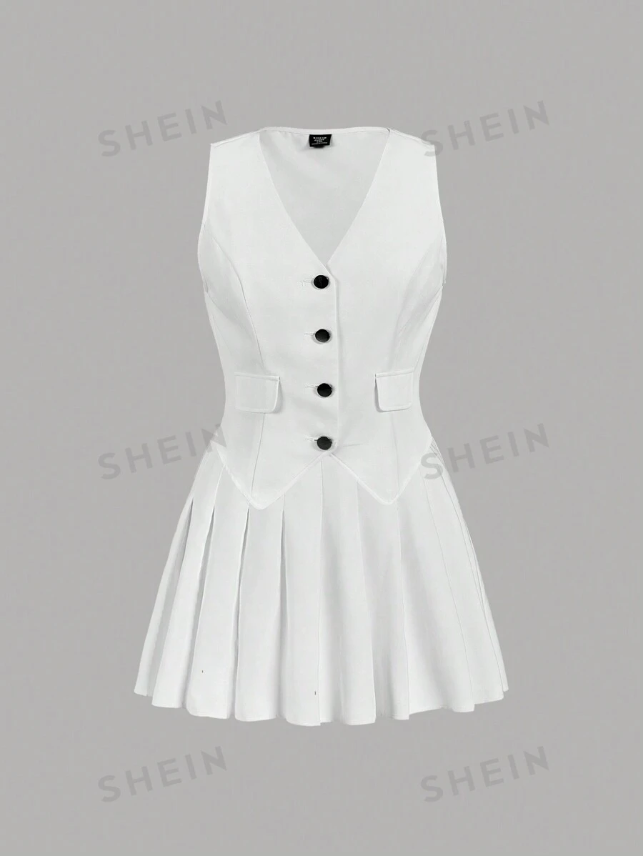 SHEIN MOD Conjunto de traje de mujer talla grande con chaleco sin mangas blanco y falda mini plisada