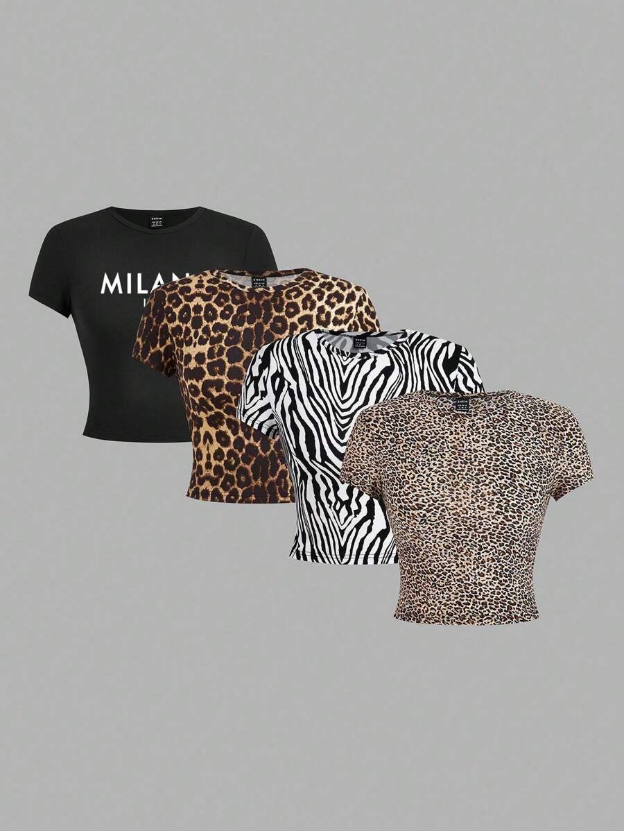 SHEIN EZwear 4pcs/Set Women's Leopard & Zebra Print Milano Pattern Round Neck Short Sleeve Fitted T-Shirts, Summer Wear