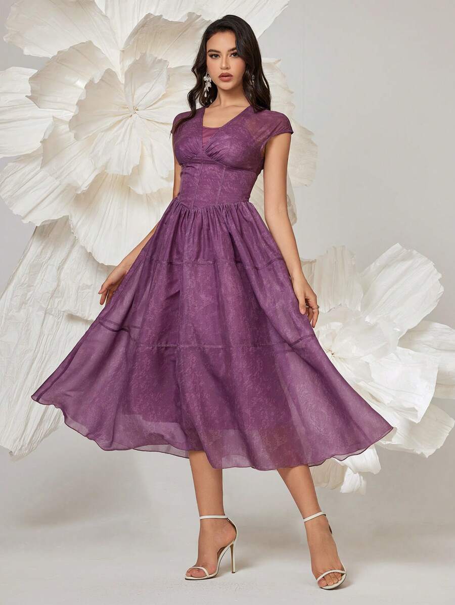 SHEIN Belle Women Printed Short Sleeve Cocktail Dress (Heavily Embellished), Elegant Semi Formal Prom Dress, For Birthday, Wedding Guest, Graduation Homecoming
