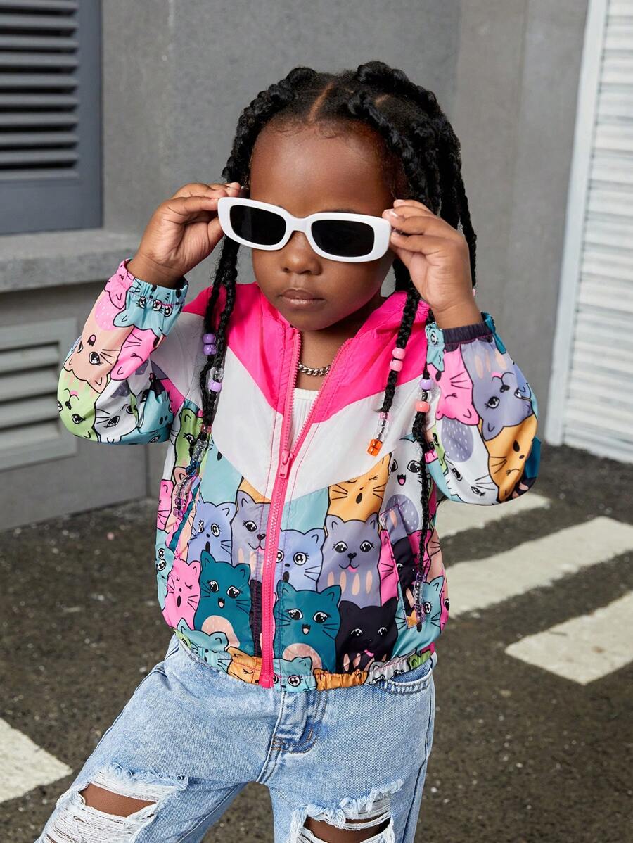 SHEIN Jaqueta casual solta com capuz e estampa de gato fofo em bloco de cores para meninas