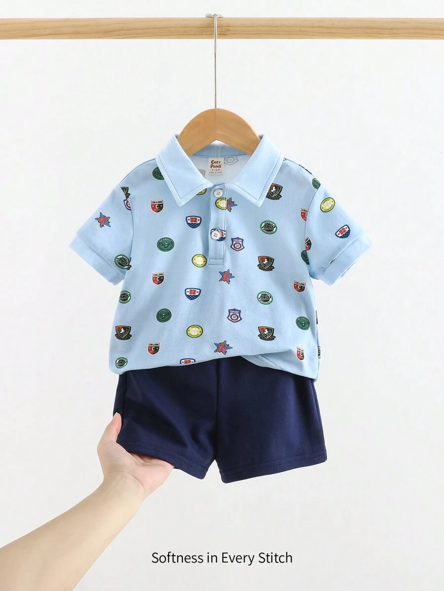 Cozy Pixies 2 piezas/Conjunto Camisa polo de punto de cuello suave con logo de dibujos animados y pantalones cortos de unicolor para niño bebé