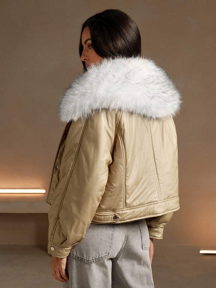 Anewsta Women's Winter Short Stand Collar Detachable Faux Fox Fur Casual Gold-Colored Padded Coat