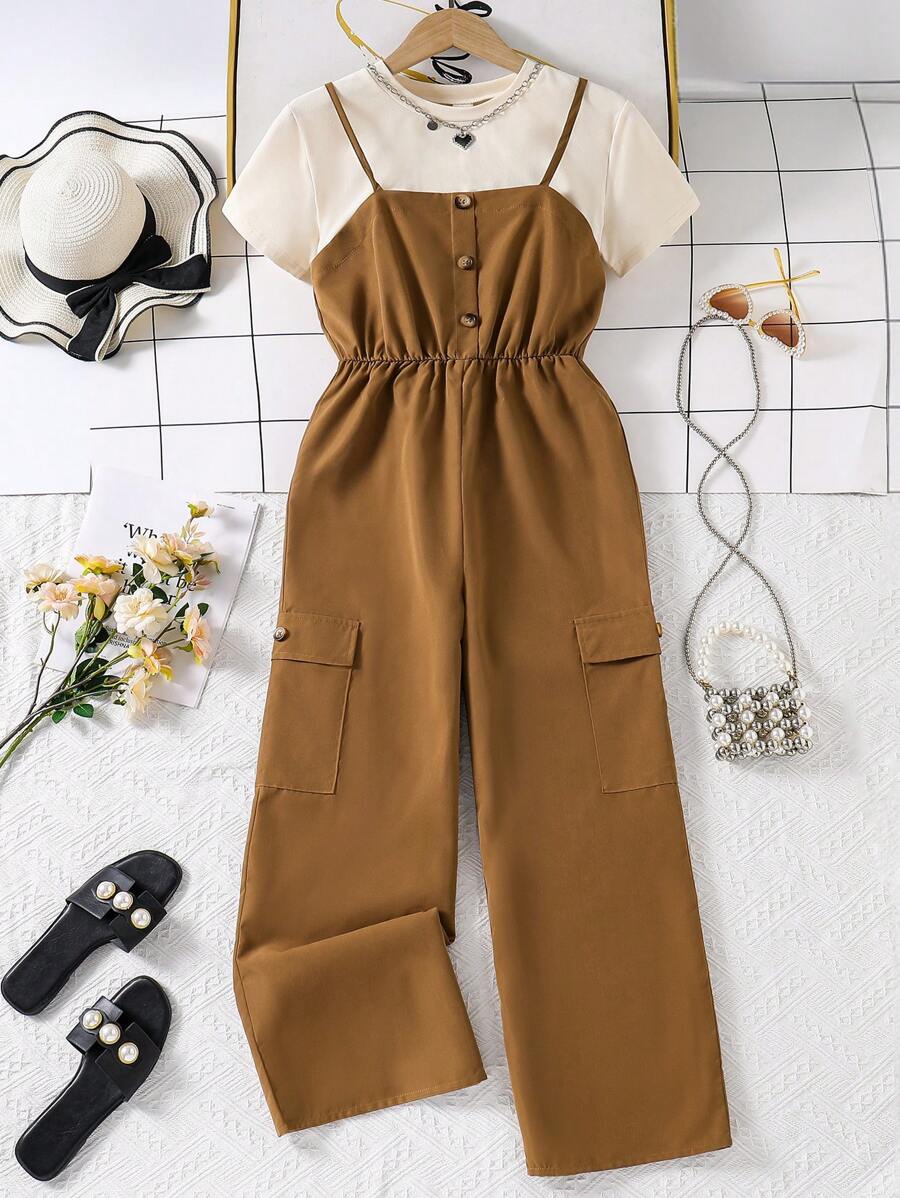 2pcs/Set Teen Girl Casual Simple Sleeveless Top And Jumpsuit Pants Set