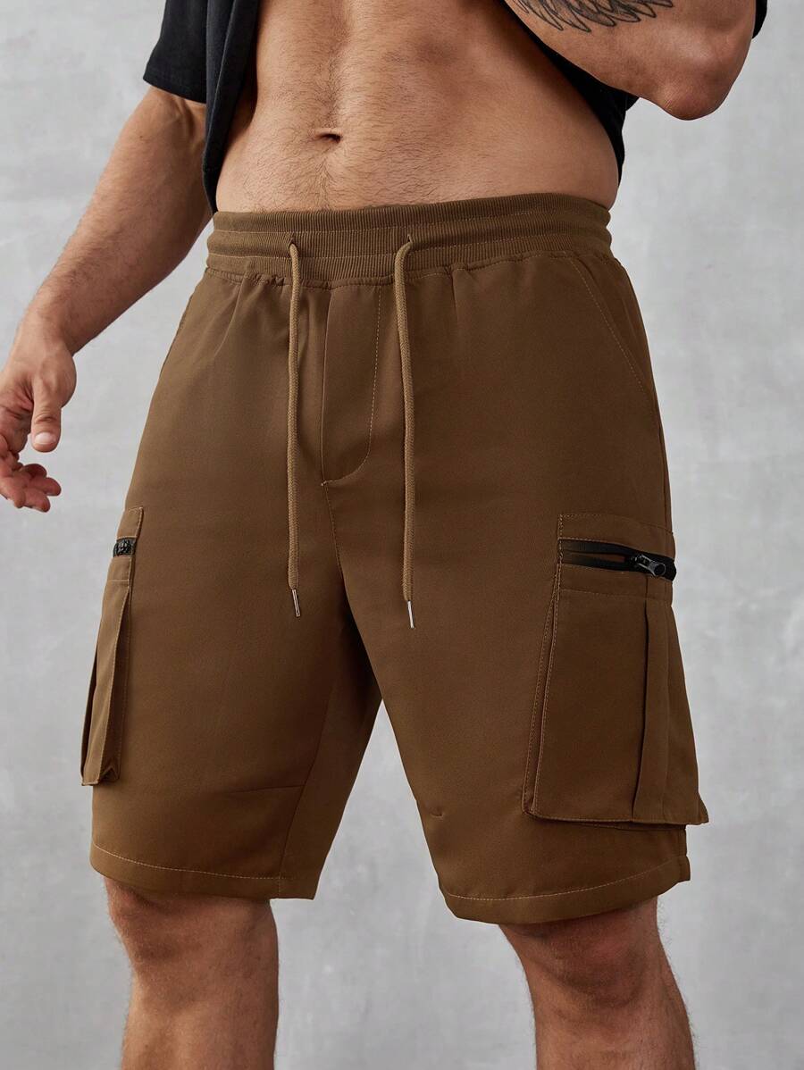 Manfinity Homme Men's Multi-Pocket Casual High Street Hiphop Lace-Up Cargo Shorts