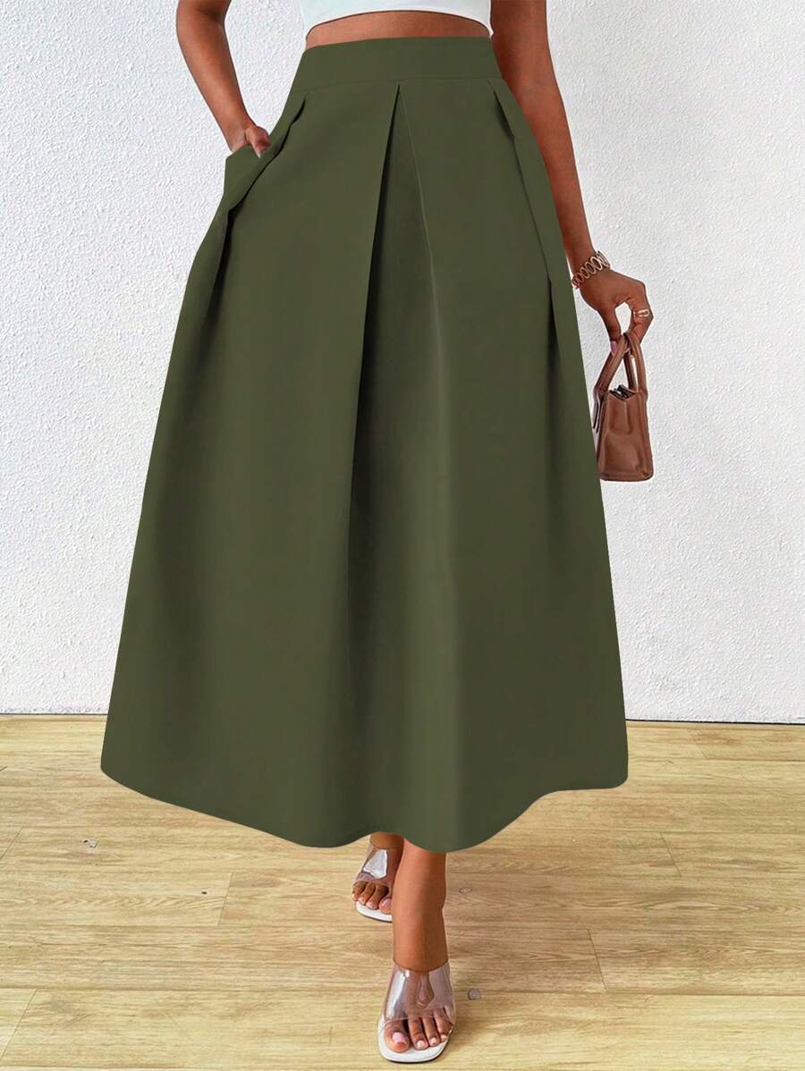 SHEIN Clasi Falda plisada y acampanada de cintura alta para mujer, conjunto de vestir de verano maxi