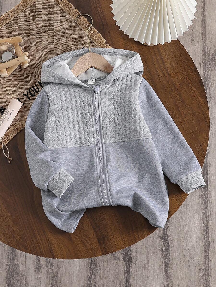 1 pieza Cárdigan de punto gris con capucha y parches casual para niñas pequeñas, adecuado para uso diario y combinación con conjuntos familiares
