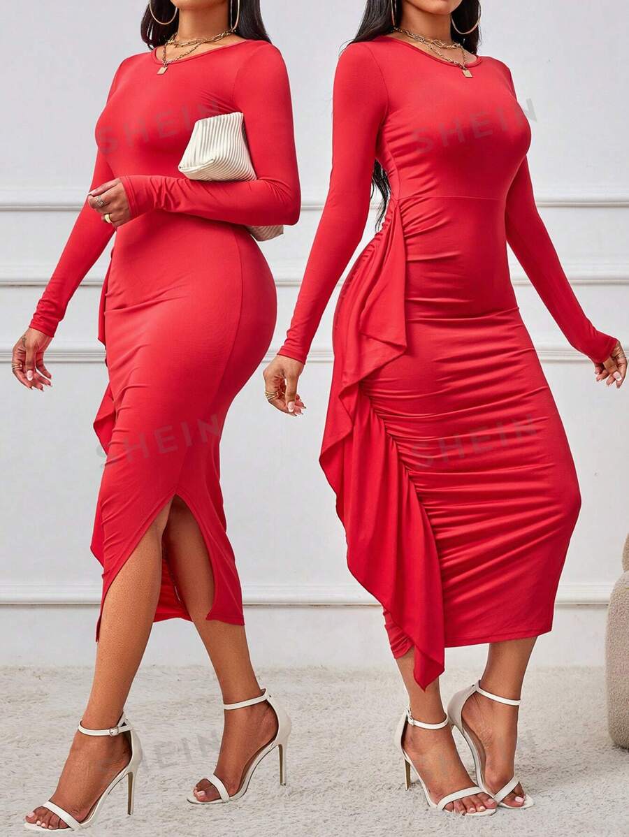 VaVaBold Vestido ceñido elegante de un solo color con dobladillo fruncido y volantes, primavera y otoño