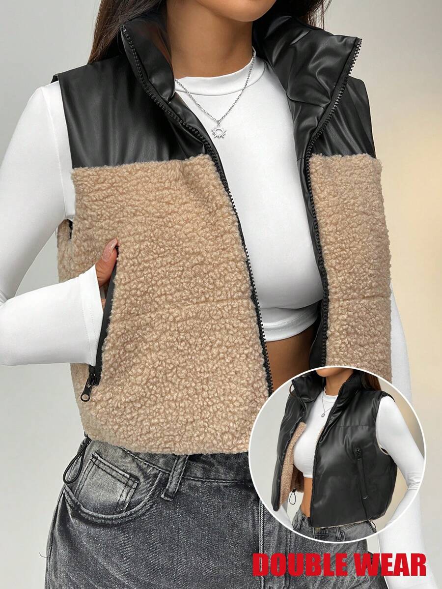 SHEIN EZwear Women's PU Splicing Teddy Fleece Reversible Sleeveless Vest With Pockets, For Autumn/Winter