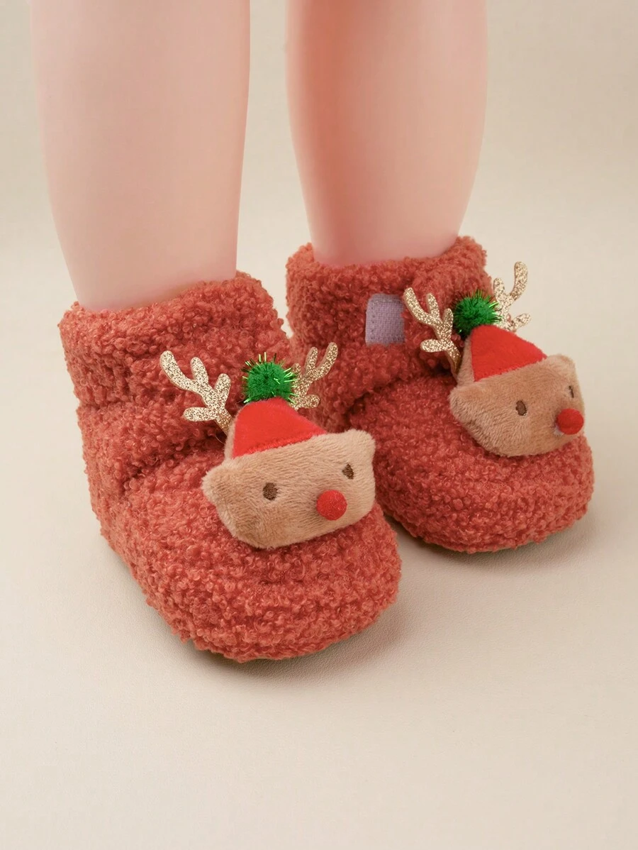 1 Pair Girls Cartoon Deer Pattern Hook And Loop Flat Casual Warm Boots, Orange, Suitable For Winter (Pattern May Vary)