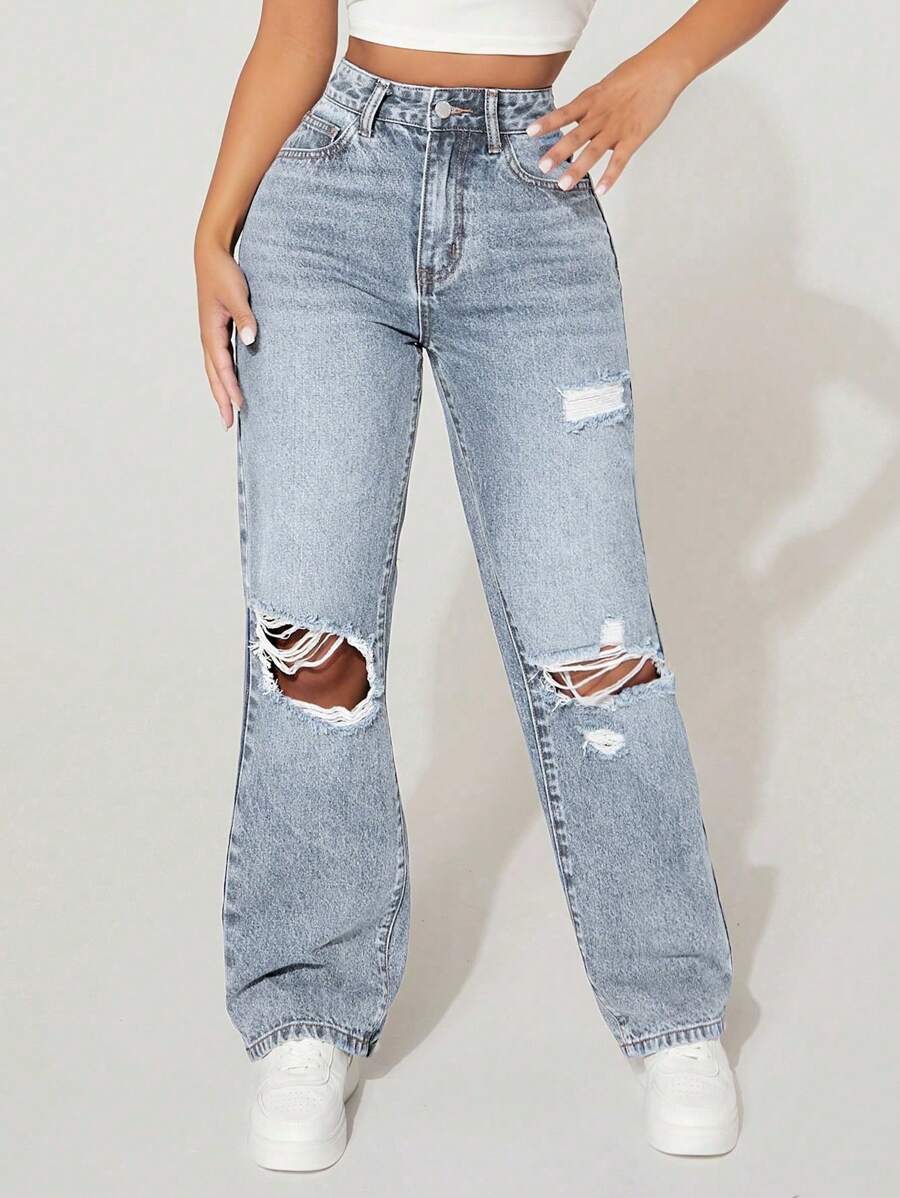 SHEIN PETITE High-Waisted Ripped Loose Y2K Autumn And Winter Warm Jeans Thermal Denim