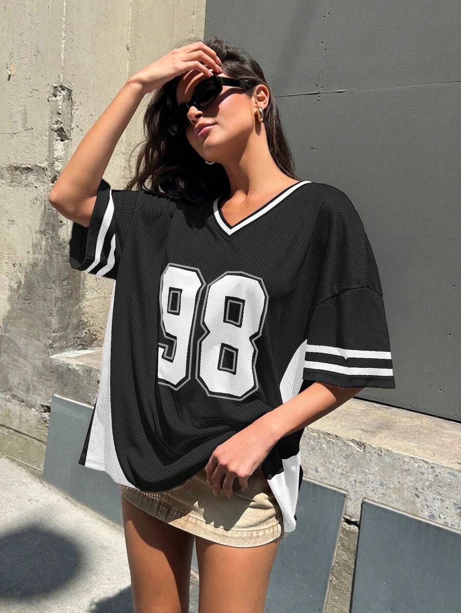 Denimoi Casual Number Print Colorblocked Football Jersey Oversized Tee, Summer