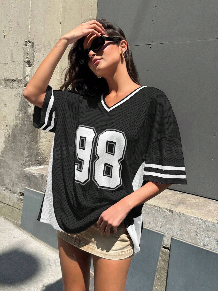 Denimoi Camiseta de fútbol holgada de bloques de color con estampado numérico, informal, de verano