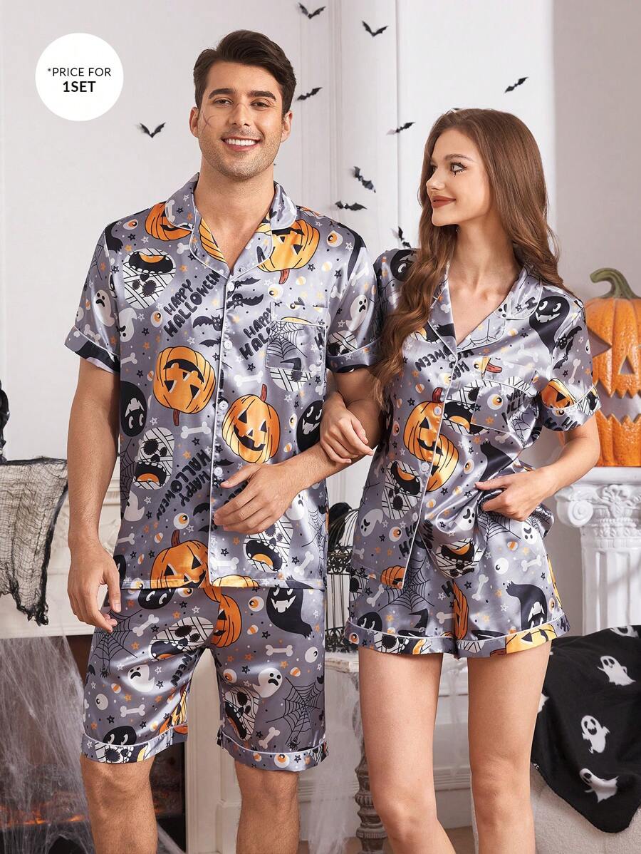 CoupledUp Herenpyjamaset met reversoverhemd en broek met Halloween-thema
