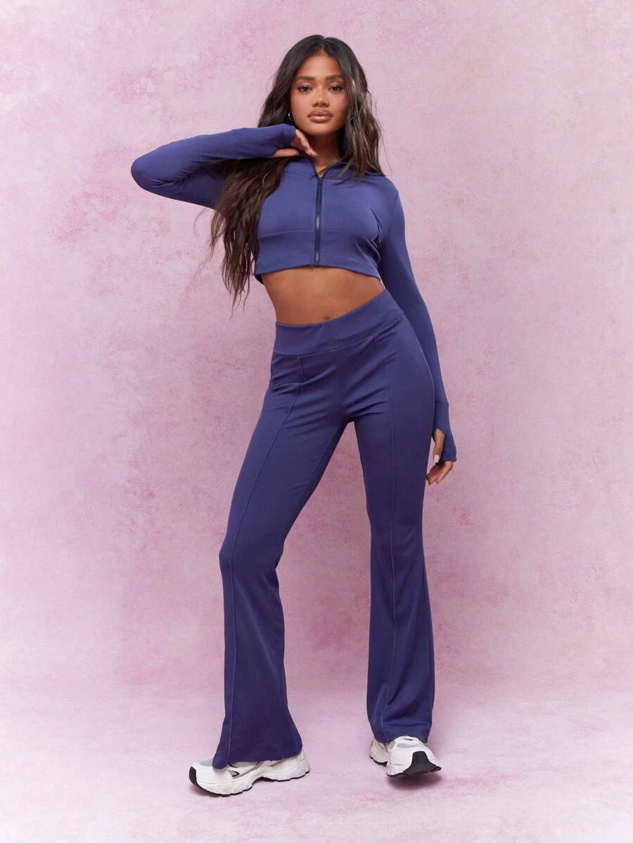MISSGUIDED High Neck Zip Through Long Sleeves Crop Jacket Top And Flare Hem Pants Two Piece Co-Ord Set
