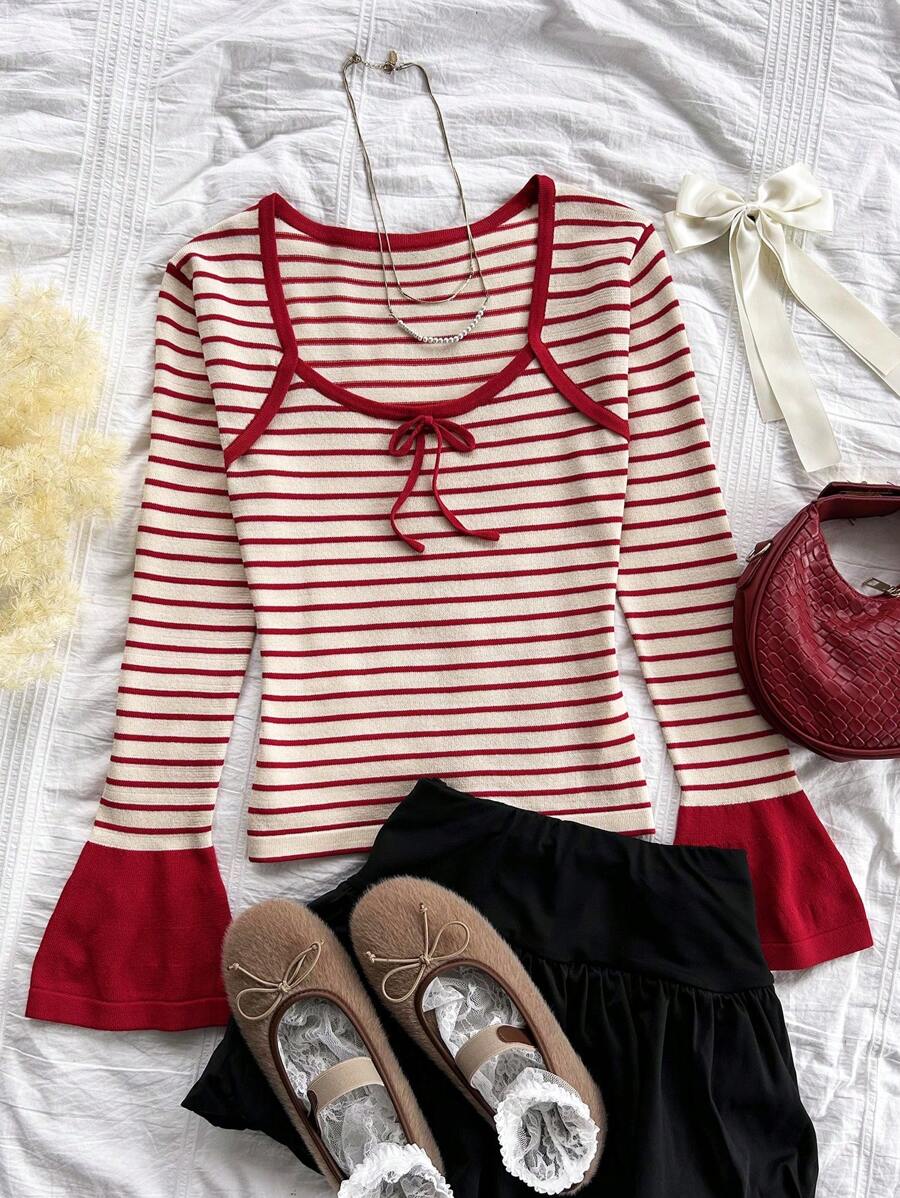 Soleia WYWH Women's Vacation Burgundy Striped Square Neck Flared Sleeve Knit Top With Bow Accent, Autumn Blouse