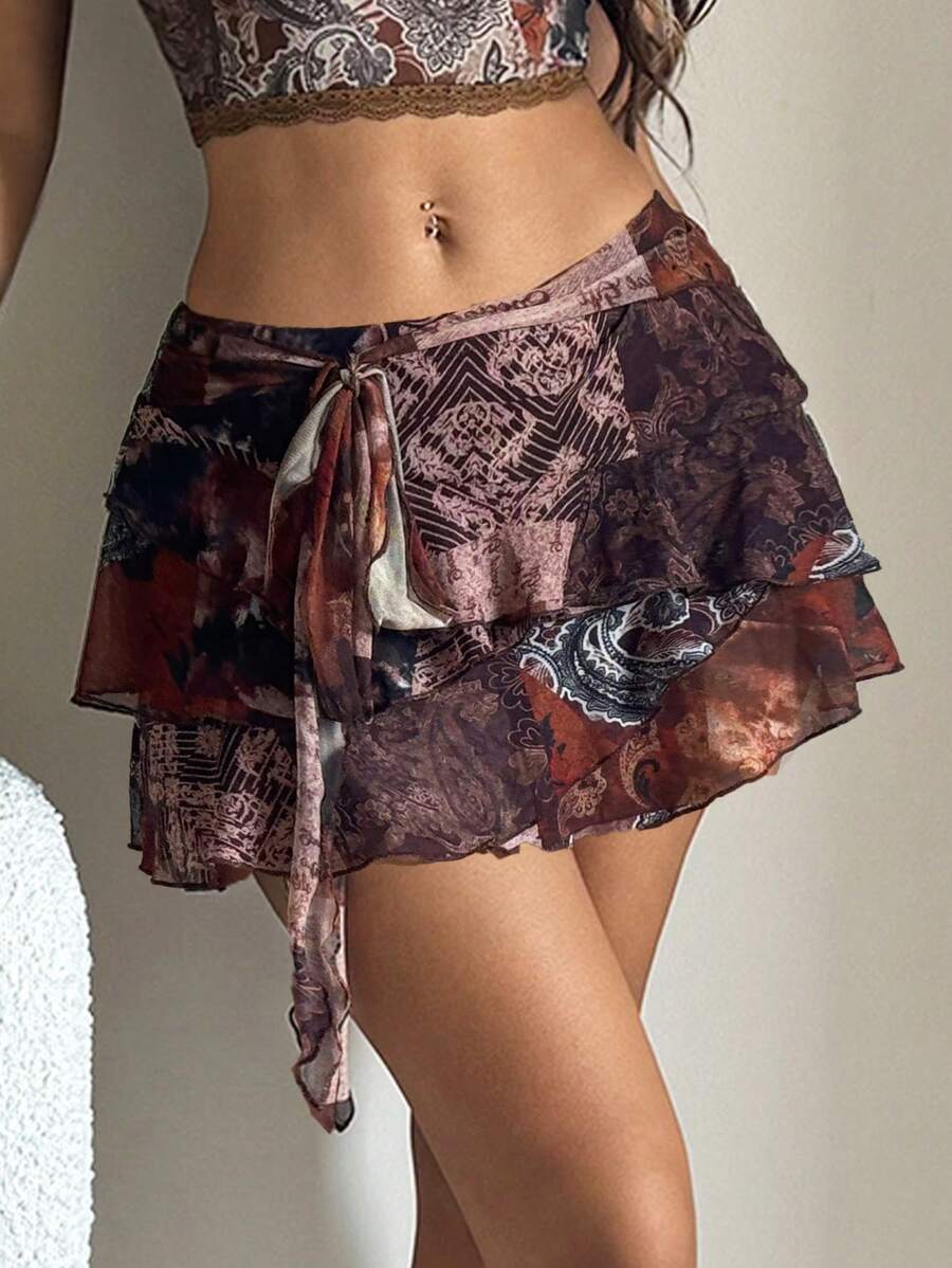 SHEIN ICON Low-Waist Multi-Layer Mesh Print Mini Skirt