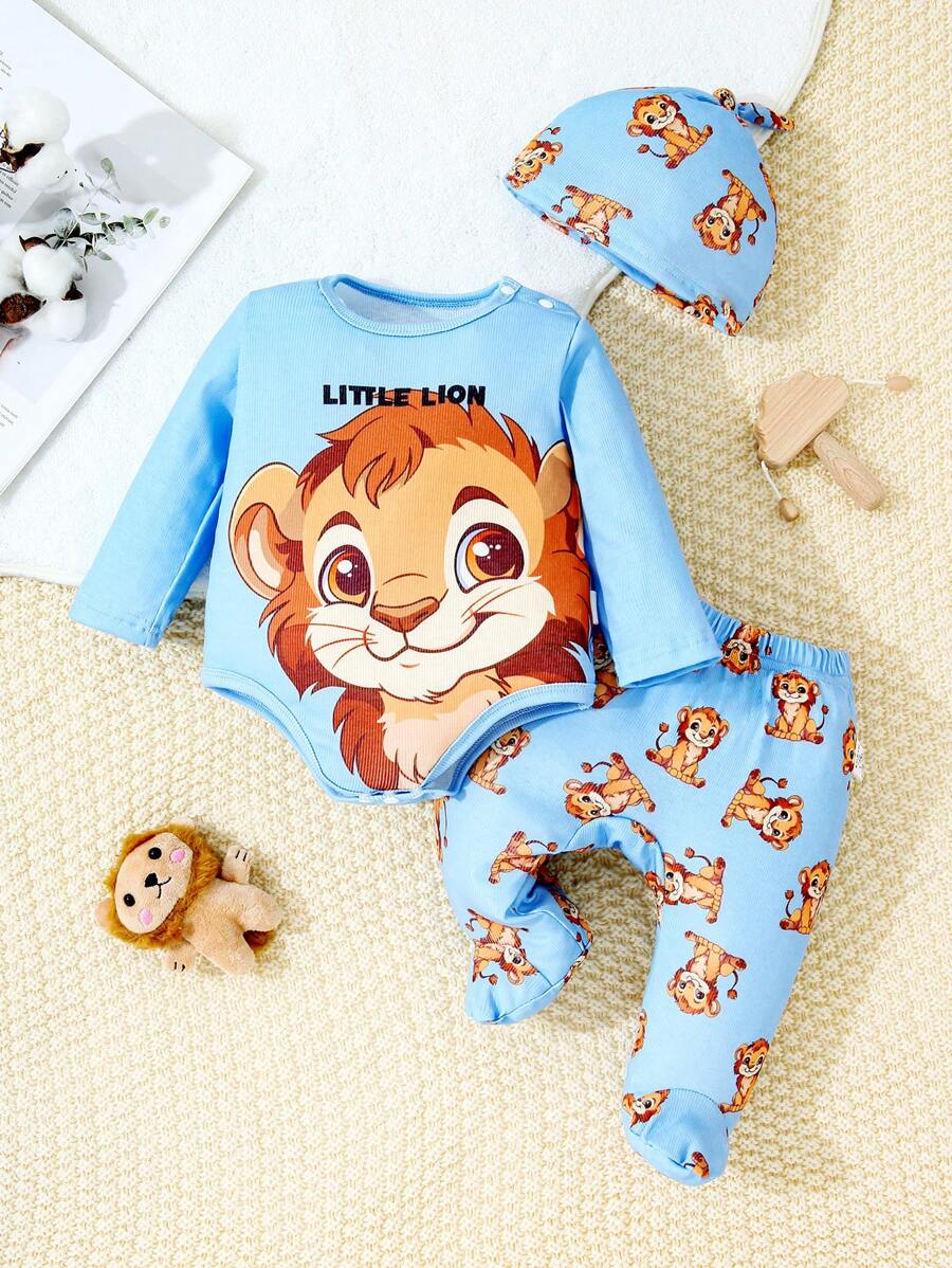 SHEIN 3pcs/Set Baby Boy Cute Lion Print Long Sleeve Top And Pants With Hat Home Wear