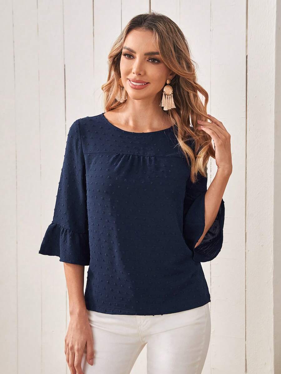EMERY ROSE Blouse décontractée ample à col rond et manches courtes, avec plis, en grande taille, pour l'automne