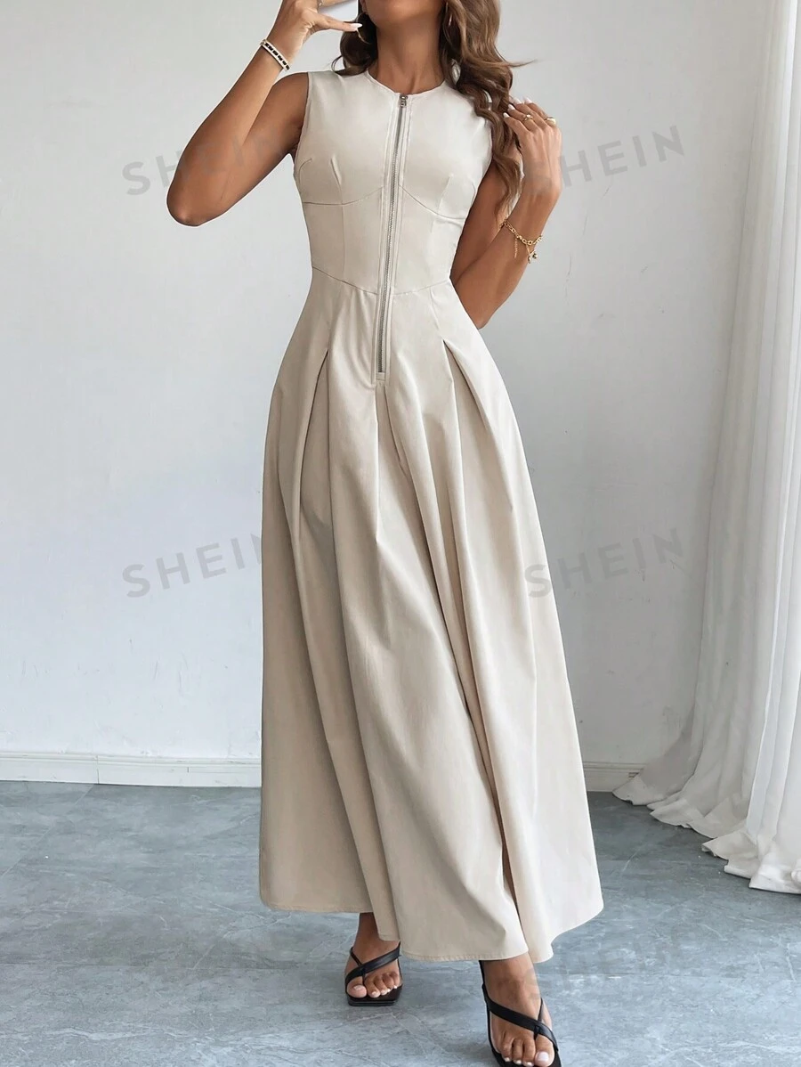 Firerie Vestido de mujer elegante con cuello redondo, sin mangas, con cremallera delantera y vuelo