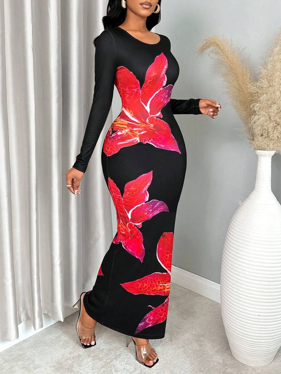 VaVaBold Elegant Flower Print Slim Fit Dress, Spring & Autumn