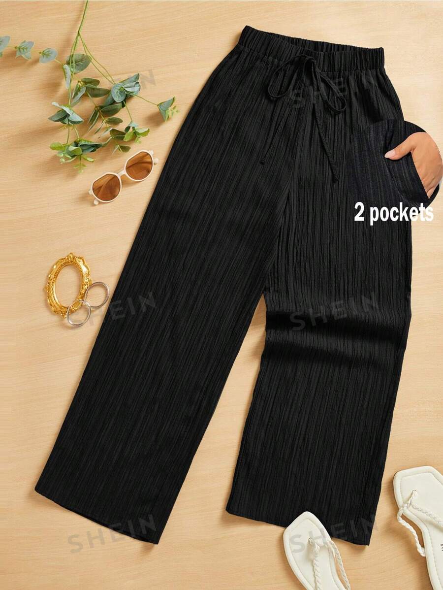 SHEIN Essnce Pantalones anchos de vestir de tela sólida negra elegantes, de moda casual para uso diario, de talla grande para mujeres, pantalones de vestir, pantalones holgados, pantalones cargo para mujer, pantalones holgados de mujer, pantalones de vestir de mujer de otoño