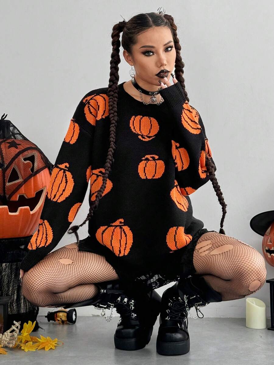 Flirla Funny Pumpkin Pattern Sweater For Halloween